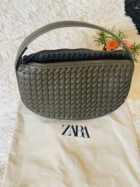 ZARA Olive Green Woven Leather Shoulder Bag